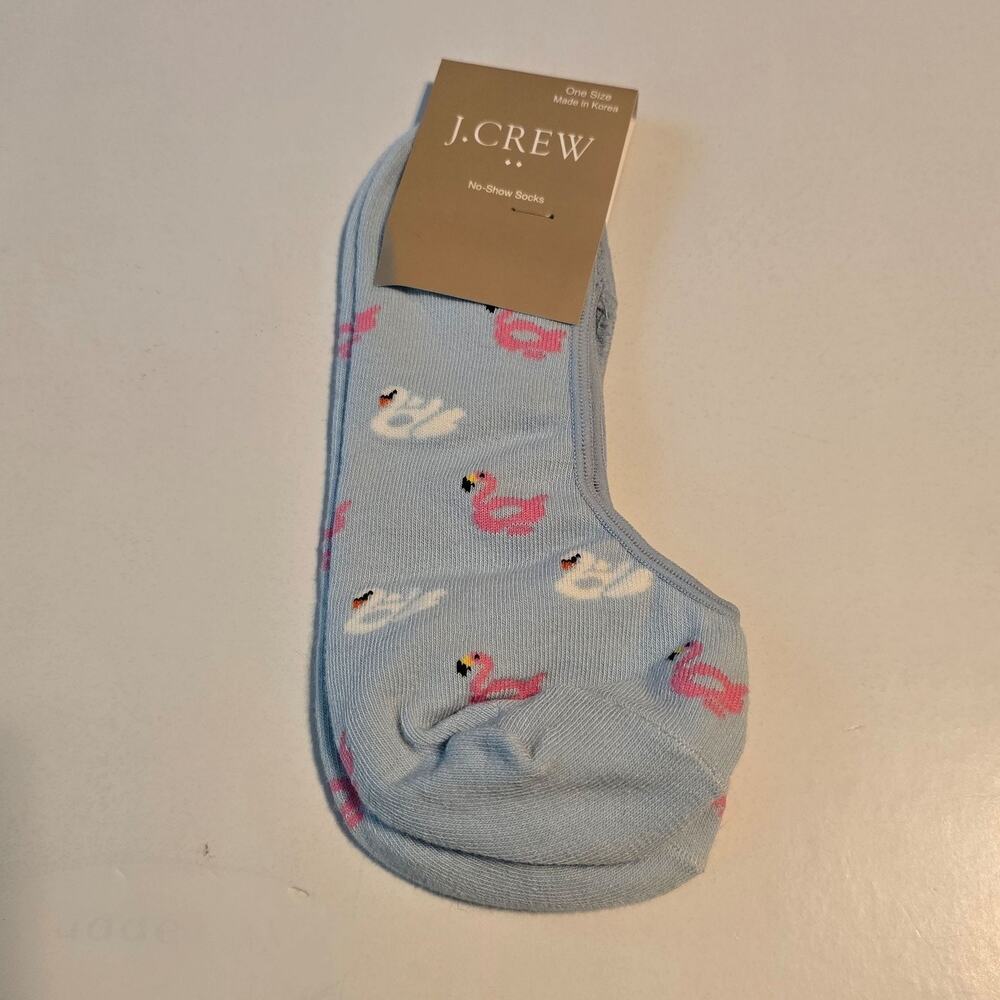 J Crew No-Show Socks Womens One Size Blue Swan Flamingo Print Cotton Blend NWT